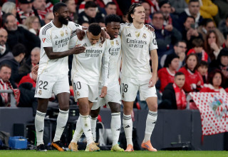 אלברו קאררס, ויניסיוס, קיליאן אמבפה, אנטוניו רודיגר שחקני ריאל מדריד (צילום: GettyImages, Soccrates Images)