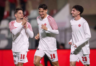 שחקני הפועל תל אביב, עמית למקין, טל ארצ'ל, דורון ליידנר (צילום: מאור אלקסלסי)