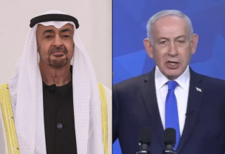 בנימין נתניהו ונשיא איחוד האמירויות מוחמד בן זאיד (צילום: צילום מסך לע"מ,Maxim Shipenkov/Pool via Reuters)
