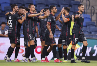 שחקני הפועל חיפה חוגגים (צילום: מאור אלקסלסי)