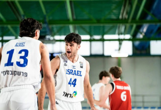 שחקני נבחרת הנוער של ישראל חוגגים מול דנמרק (צילום: אתר רשמי, FIBA)