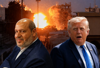 דונלד טראמפ וחליל אל חיה על רקע פיצוץ ברצועת עזה (צילום: רויטרס,AI)