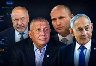 אביגדור ליברמן, גדי איזנקוט, נפתלי בנט, בנימין נתניהו על רקע של פולימרקט (צילום: פלאש 90,צילום מסך)