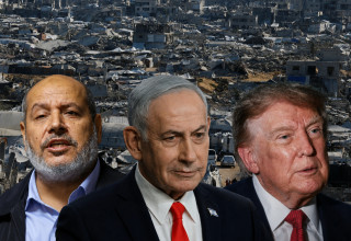 דונלד טראמפ, בנימין נתניהו וחליל אל-חיה על רקע הריסות עזה (צילום: רויטרס)