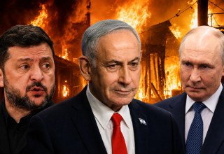 ולדימיר פוטין, בנימין נתניהו וולדימיר זלנסקי על רקע תקיפה רוסית בקייב (צילום: רויטרס)