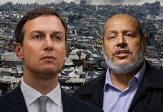 חליל אל חיה וג'ארד קושנר על רקע הריסות בעזה (צילום: רויטרס)