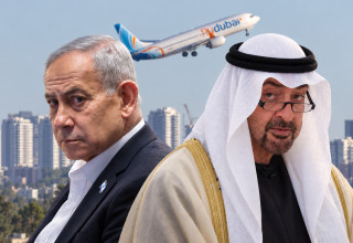 מוחמד בן זאיד, בנימין נתניהו על רקע מטוס פליי דובאי (צילום: פלאש 90,משה שי, פלאש 90,יונתן זינדל, פלאש 90,בינה מלאכותית ושיפור צילום)
