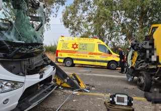 תאונת הדרכים בין האוטובוס למשאית בכביש 91 (צילום: תיעוד מבצעי מד"א)