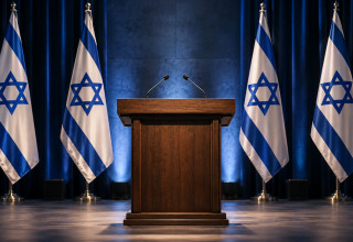 דוכן נאומים ריק ודגלי ישראל (צילום: AI)