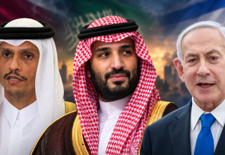 ביבי נתניהו, מוחמד בן סלאמן ותמים בן חמד אאל ת'אני (צילום: REUTERS,חיים גולדברג פלאש 90,בינה מלאכותית)