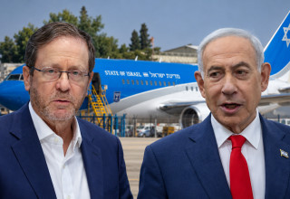 בנימין נתניהו ויצחק הרצוג על רקע מטוס "כנף ציון" (צילום: אוליבייה פיטוסי פלאש 90 ,יונתן שאול, פלאש 90,חיים גולדברג פלאש 90)