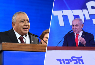 ביבי נתניהו וגדי איזנקוט בליל הבחירות (צילום: אבשלום ששוני,מארק ישראל סלם,בינה מלאכותית)
