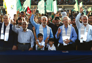 צמרת חמאס בעצרת בעזה אשתקד (צילום:  עטיה מוחמד, פלאש 90)