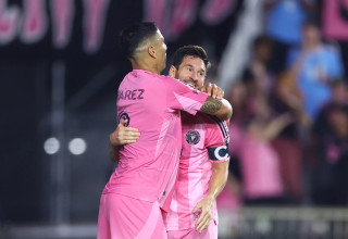 שחקני אינטר מיאמי ליאונל מסי, לואיס סוארס חוגגים (צילום: GettyImages, Megan Briggs)