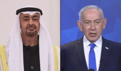 בנימין נתניהו ונשיא איחוד האמירויות מוחמד בן זאיד (צילום: צילום מסך לע"מ,Maxim Shipenkov/Pool via Reuters)