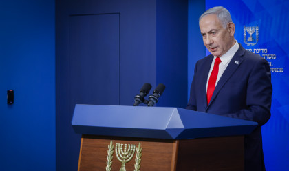 בנימין נתניהו במהלך מסיבת העיתונאים אמש (צילום: אוליבייה פיטוסי פלאש 90 )