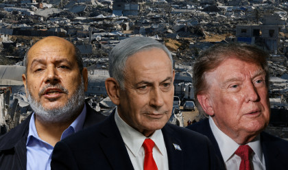 דונלד טראמפ, בנימין נתניהו וחליל אל-חיה על רקע הריסות עזה (צילום: רויטרס)