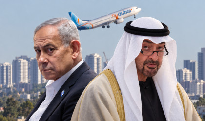 מוחמד בן זאיד, בנימין נתניהו על רקע מטוס פליי דובאי (צילום: פלאש 90,משה שי, פלאש 90,יונתן זינדל, פלאש 90,בינה מלאכותית ושיפור צילום)