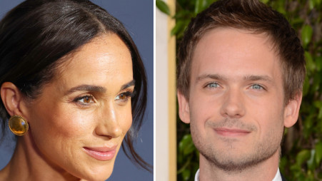 פטריק ג'יי אדמס ומייגן מרקל (צילום: : Photo by Jason Merritt/Getty Images,  Leon Bennett/Getty Images)