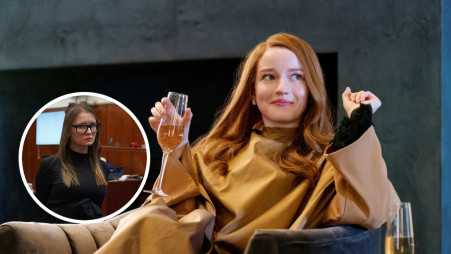 ג'וליה גארנר בתפקיד אנה דלבי. משמאל: אנה סורוקין האמיתית (צילום: TIMOTHY A. CLARY.GettyImages,מתוך נטפליקס)