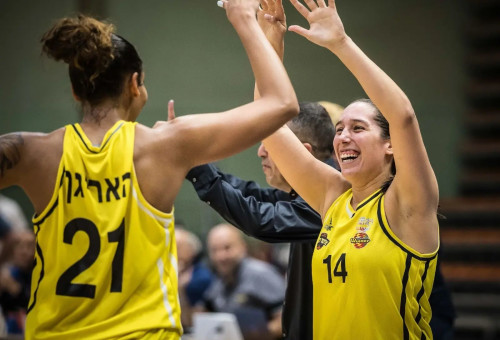 מאי רווח שחקנית אליצור רמלה עם מיקיה האריגן (צילום: אתר רשמי, עודד קרני, איגוד הכדורסל)