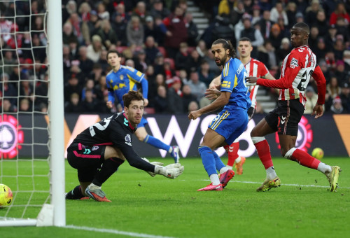 דומיניק קלברט-לואין שחקן לידס יונייטד כובש לרשת רובין רופס שוער סנדרלנד (צילום: רויטרס)