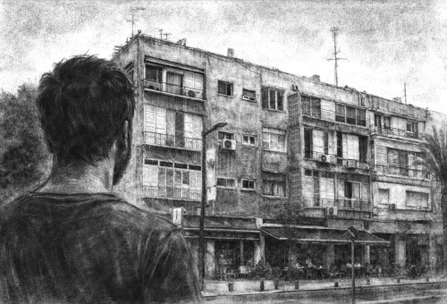 איור של גבר מביט על בניין תל אביבי (צילום: AI)