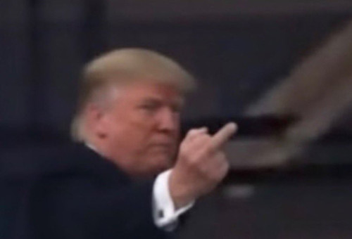דונלד טראמפ עושה "אצבע משולשת" אל עבר מפגין (צילום: צילום מסך רשתות חברתיות)