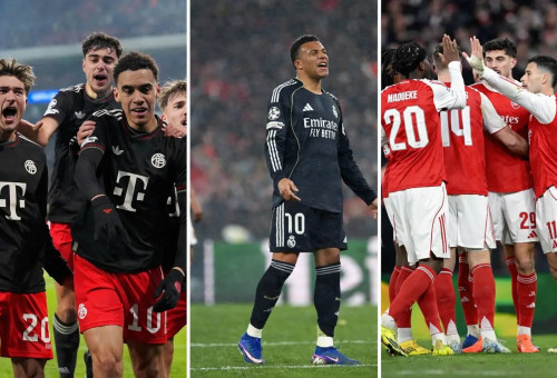 שחקני ארסנל ובאיירן חוגגים, אמבפה מאוכזב (צילום: עיבוד תמונה, GETTY)