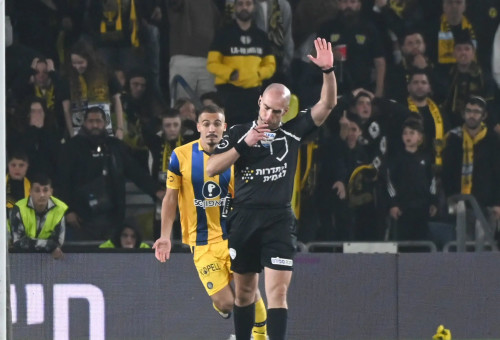 השופט גל לייבוביץ' לפני שחקן מכבי תל אביב סייד אבו פרחי (צילום: ברני ארדוב)