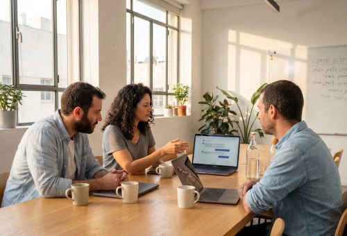 ישיבת עבודה בחברת הייטק ישראלית. הצוות בודק מה מנועי ה-AI ממליצים כשלקוח שואל על ספקים בתחום שלהם (צילום: יחצ)