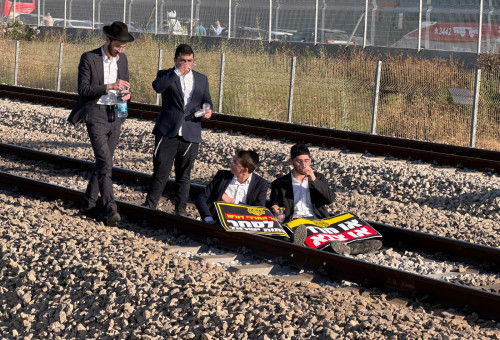 הפגנת חרדים חוסמים את רכבת ישראל ליד נתב"ג (צילום: יותם רונן, וואלה!)
