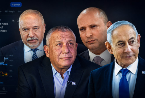 אביגדור ליברמן, גדי איזנקוט, נפתלי בנט, בנימין נתניהו על רקע של פולימרקט (צילום: פלאש 90,צילום מסך)
