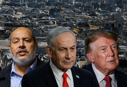 דונלד טראמפ, בנימין נתניהו וחליל אל-חיה על רקע הריסות עזה (צילום: רויטרס)