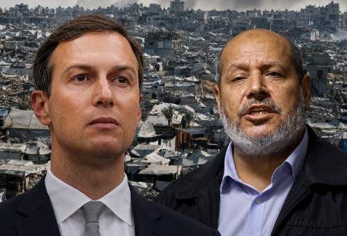 חליל אל חיה וג'ארד קושנר על רקע הריסות בעזה (צילום: רויטרס)