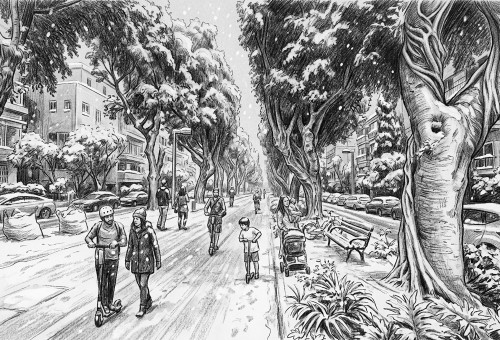 שדרות נורדאו בשלג (צילום: בינה מלאכותית)
