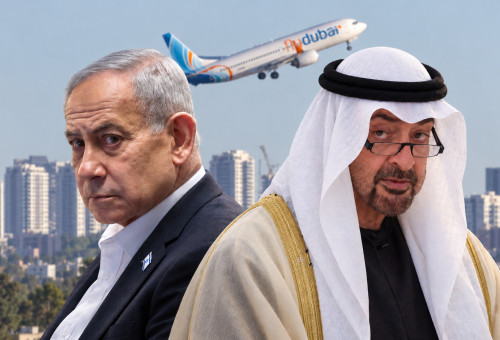 מוחמד בן זאיד, בנימין נתניהו על רקע מטוס פליי דובאי (צילום: פלאש 90,משה שי, פלאש 90,יונתן זינדל, פלאש 90,בינה מלאכותית ושיפור צילום)