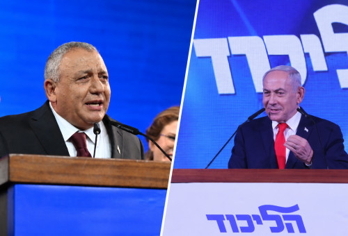 ביבי נתניהו וגדי איזנקוט בליל הבחירות (צילום: אבשלום ששוני,מארק ישראל סלם,בינה מלאכותית)