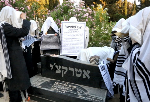טקס הטלת קללה יהודי על קברו של אביו של היזם יעקב אטרקצ' (צילום: מתוך רשתות לפי סעיף 27 א על פי זכויות יוצרים)
