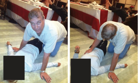 פרשת ג'פרי אפשטיין: הנסיך אנדרו מאונטבאטן-וינדזור כורע מעל אישה אנונימית  (צילום: משרד המשפטים האמריקאי )