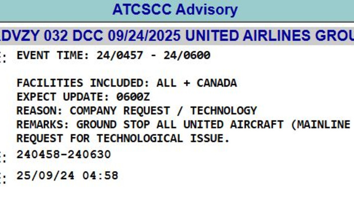הודעת הקרקוע של מטוסי יונייטד במוקד בקרות הטיסה (ATC)
