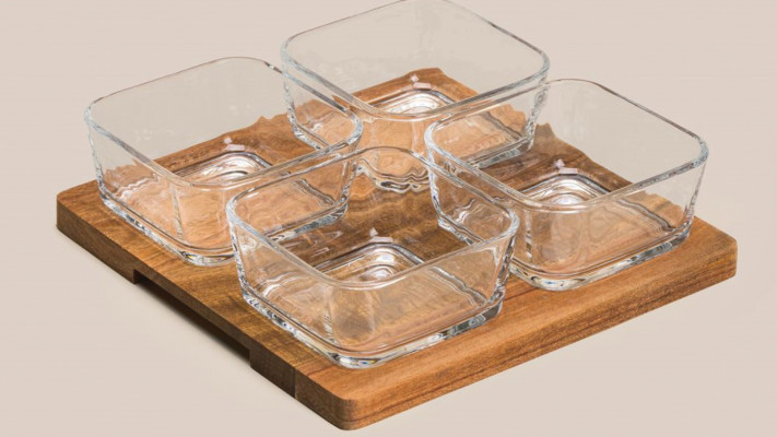 קערות זכוכית עם מגש עץ, CASTRO HOME