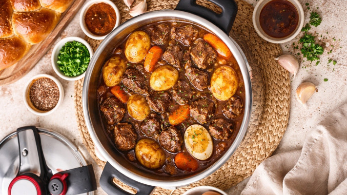 חמין עשיר עם בקר תפוחי אדמה וביצים בסיר לחץ