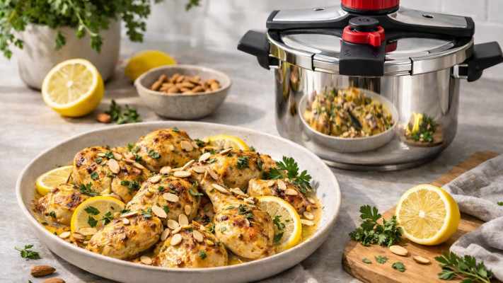 קדירת עוף עם לימון, שום ושקדים קלויים בסיר לחץ