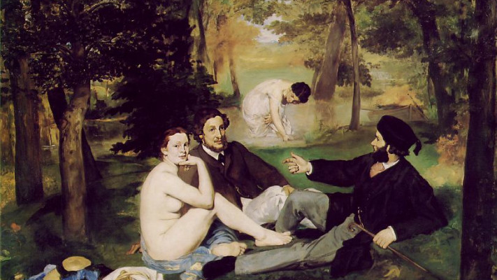 אדואר מאנה, ''ארוחת בוקר על הדשא'' (Le D&eacute;jeuner sur l&rsquo;herbe), 1863, שמן על בד, מוזיאון ד׳אורסה, פריז