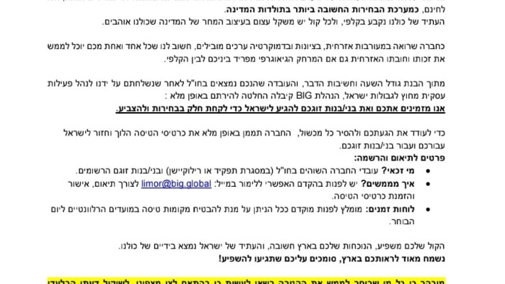 המכתב שנשלח מ''ביג'' לעובדיהם הנמצאים בחו''ל