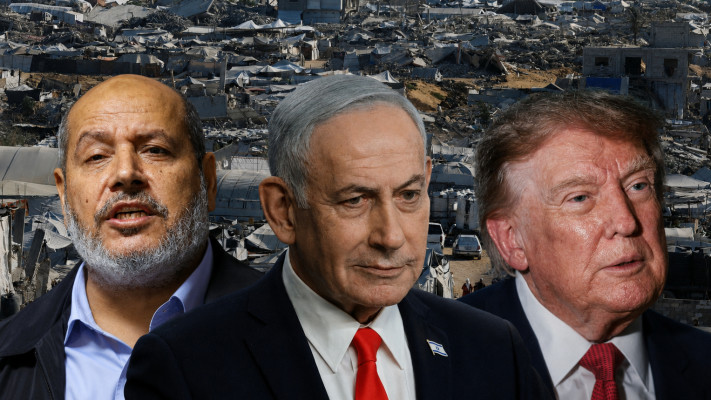דונלד טראמפ, בנימין נתניהו וחליל אל-חיה על רקע הריסות עזה