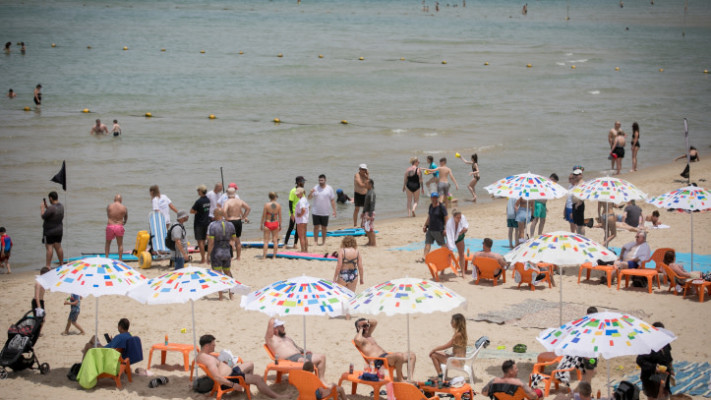 רוחצים בחוף בתל אביב בזמן גל שרב (צילום: מרים אלסטר פלאש 90)