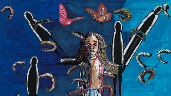 גלויה מתוך תערוכה לציון 3 חודשים לחטיפה (ערן אקרמן (הציורים של האמנית מרי מיטרני, אוצרת רני ששון))