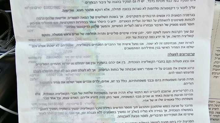 מכתב איומים נגד חברי הכנסת מהליכוד